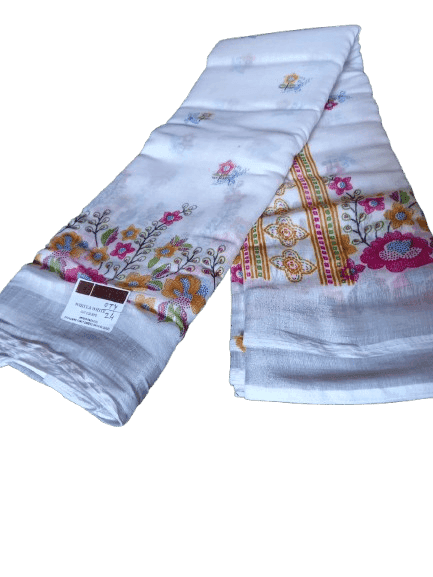 White Floral Saree with Multicolor Border