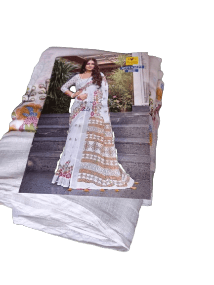 White Floral Saree with Multicolor Border view 3