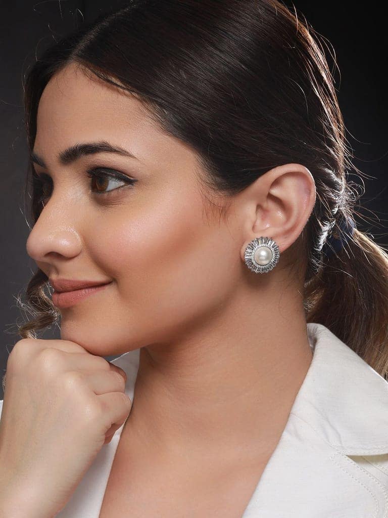 Silver Plated CZ Studded Pearl minimal Studs Earrings view 2