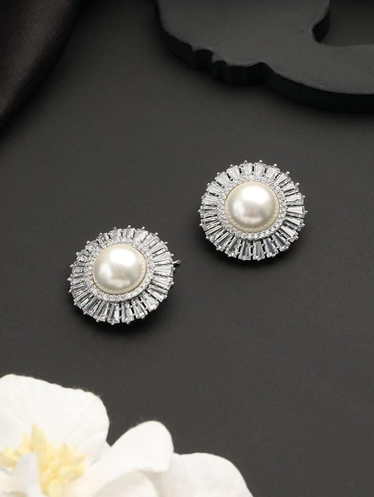 Silver Plated CZ Studded Pearl minimal Studs Earrings view 3