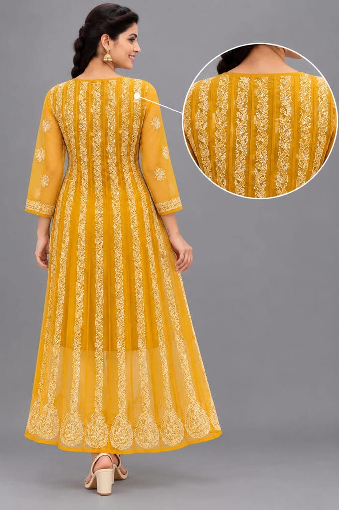 Mrs Right Women’s Lucknowi Chikankari Anarkali Kurta in Soft Georgette | Handcrafted Floral Embroidery | 3/4 Sleeves | 45 Inch Length | 74 Inch Flare | Festive Ethnic Wear view 4