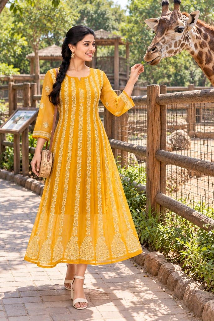 Mrs Right Women’s Lucknowi Chikankari Anarkali Kurta in Soft Georgette | Handcrafted Floral Embroidery | 3/4 Sleeves | 45 Inch Length | 74 Inch Flare | Festive Ethnic Wear view 5