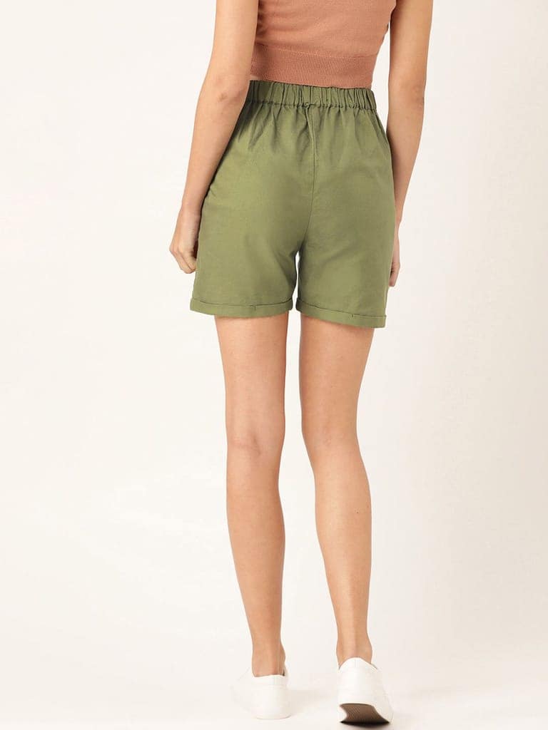 Women Olive Green Solid Regular Shorts view 3