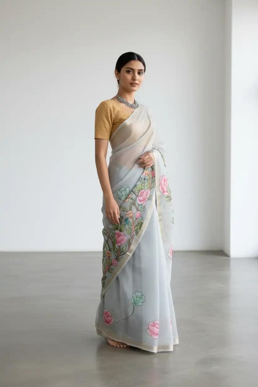 Kota Doria Cotton-Silk Saree with Block-Printed Floral Spray