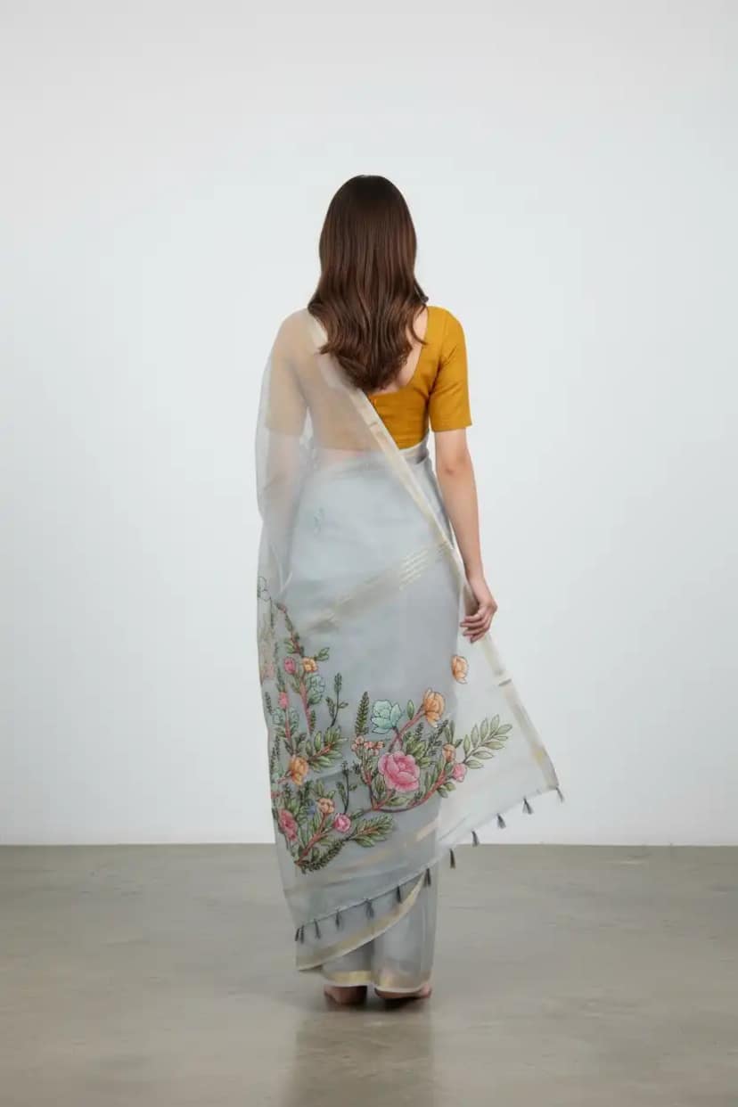 Kota Doria Cotton-Silk Saree with Block-Printed Floral Spray view 2