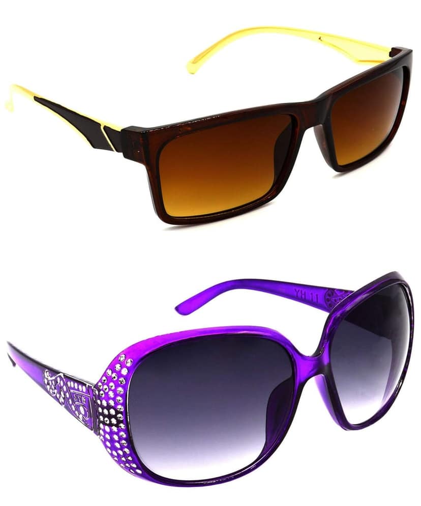 Hrinkar Unisex Rectangular Sunglasses Golden & Violet Frame, Brown & Grey Lens (Medium) - Pack of 2