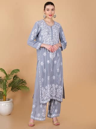 Pure Modal Heavy Bota Pattern hand embroidered Chikankari Kurta Set -Grey