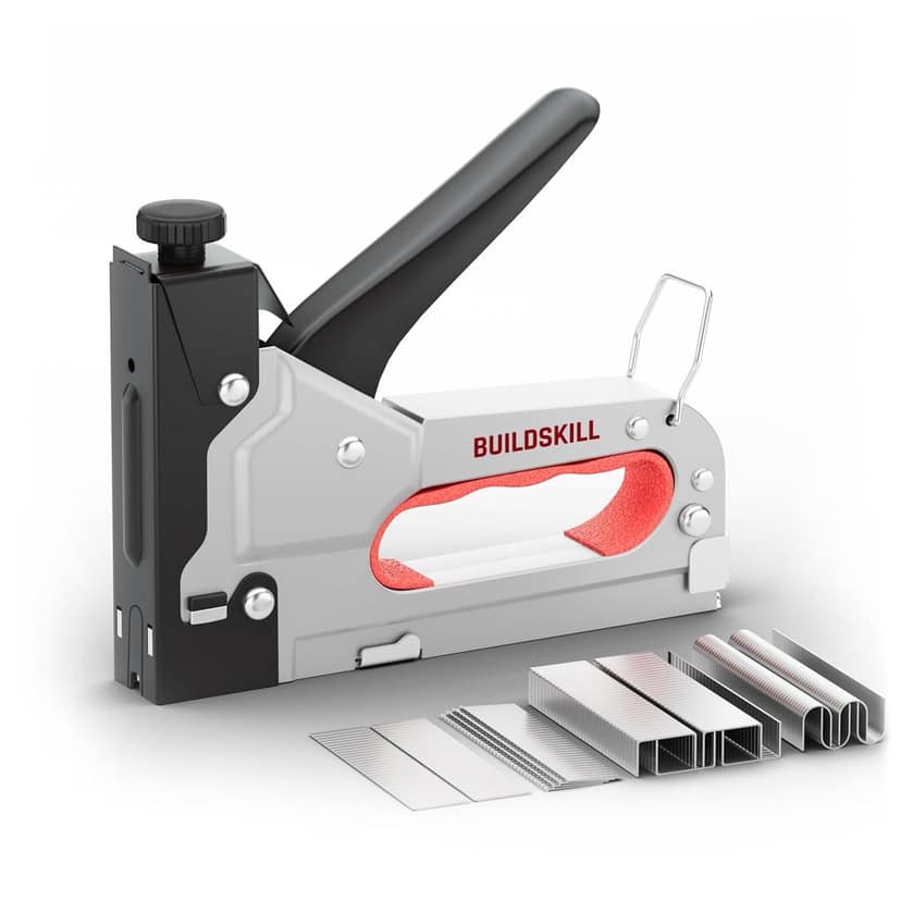 BUILDSKILL 4 in 1 Stapler Gun for Heavy Duty use | Comes with T, U, D & I Type Nails | Ergonomic Soft Rubber Handle | Manual Stapler Machine for Upholstery, Carpentry, Fixing Material