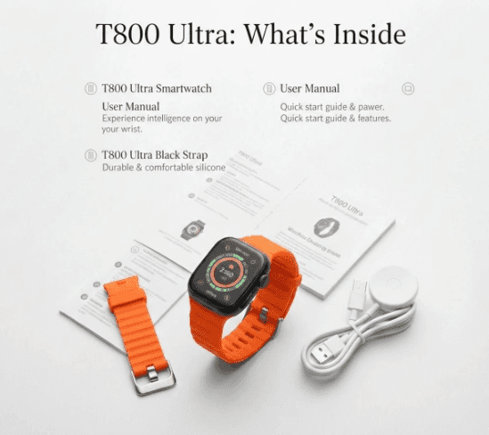 T800 Ultra Smart Watch with Orange Strap, Bluetooth Connectivity, Fitness Tracking, HD Display view 2