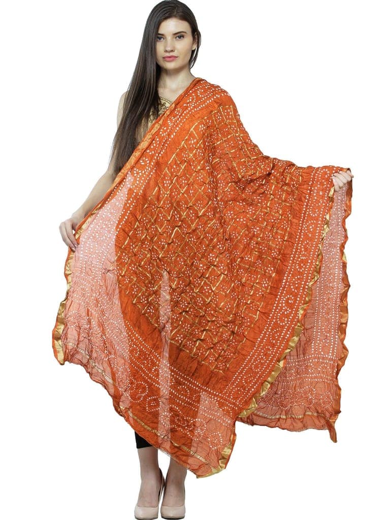 Apricot Bandhani Tie-Dye Gharchola Dupatta from Jodhpur with Golden Thread Weave view 2