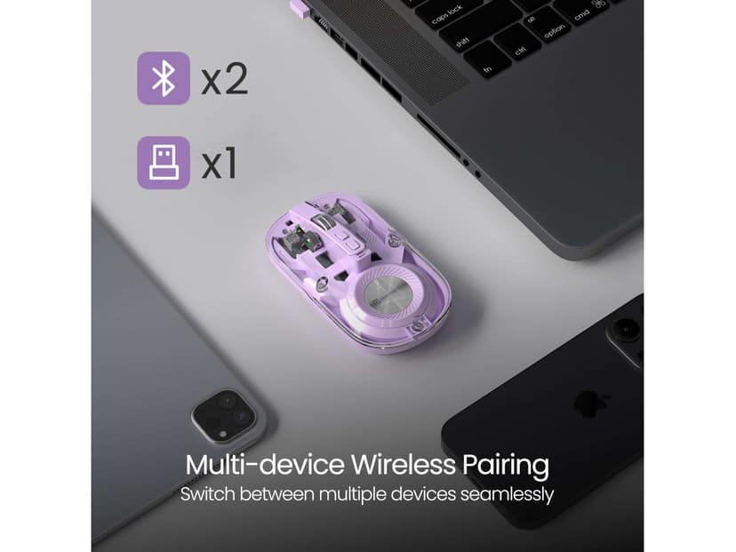 Portronics Toad 8 Transparent Wireless Bluetooth Mouse with Dual Wireless (BT + 2.4 GHz), Rechargeable Battery, Noise-Free Clicking, Show/Hide Desktop, Multi-Device Pair, Adjust Sensitivity - Purple view 2