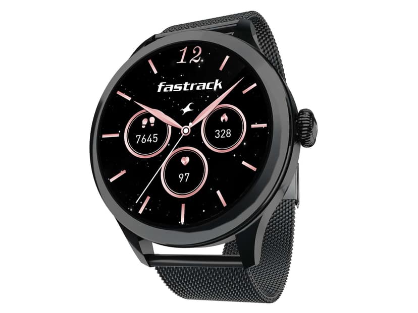 Fastrack Noir Pro 1.19" Super AMOLED Metal Smart Watch with 1000 Nits Brightness, BT Calling, 24/7 Health Suite - Black & Black
