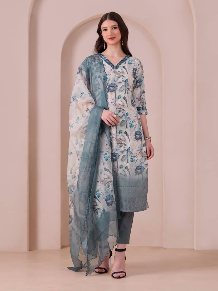 Multi ColourCotton Blend Kurti Set & Dupatta With Sequins Embroidery