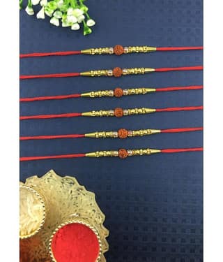 THRIFTKART Rakhi Set Brown 6PC COMBO Brown Rudraksh & Pearl Rakhi FOR BROTHER Pack of 6