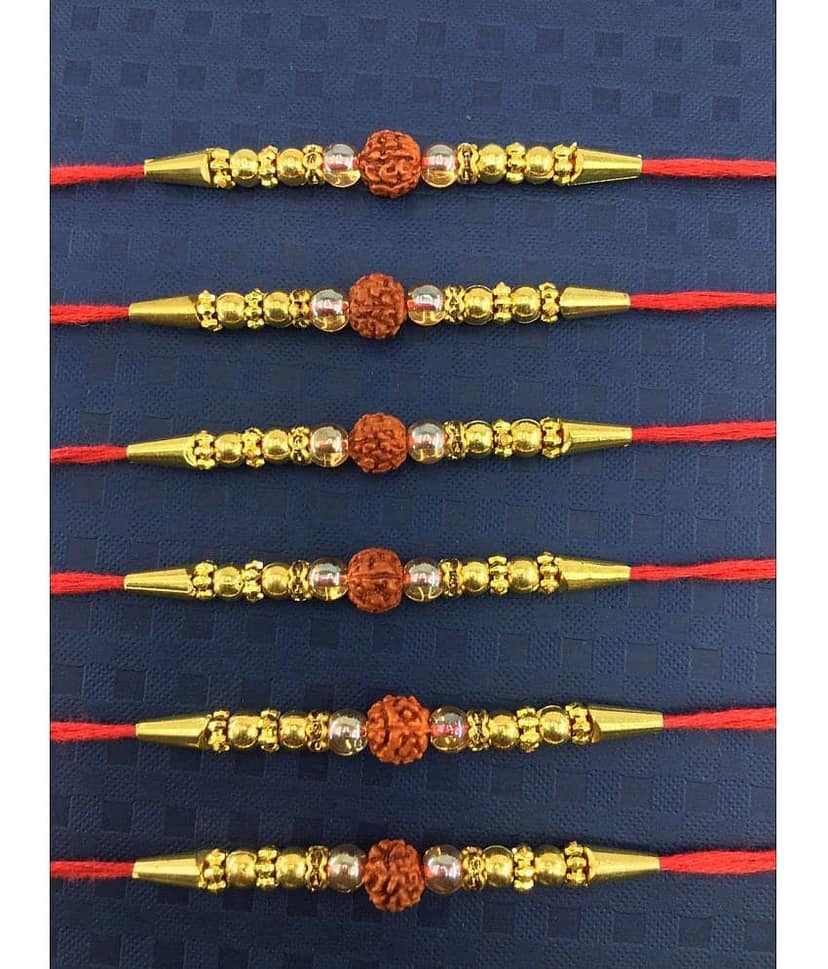THRIFTKART Rakhi Set Brown 6PC COMBO Brown Rudraksh & Pearl Rakhi FOR BROTHER Pack of 6 view 2