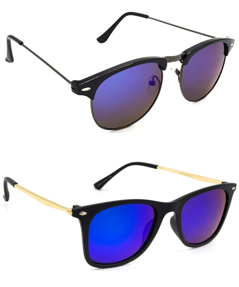 HRINKAR Unisex Rectangle Sunglasses Grey & Golden Frame, Grey & Pink Lens (Medium) - Pack of 2