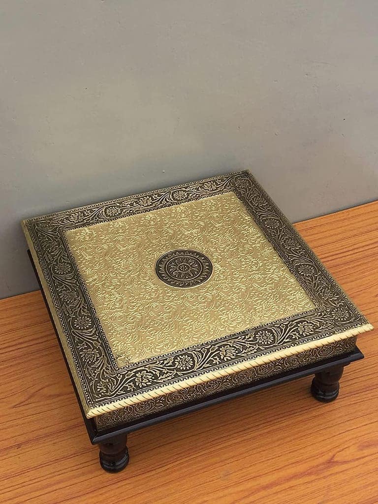 Wood To Cart® Pooja Bajot Stool/Pooja Decor/Pooja Chowki/Patla/Chowki for Daily Prayer/Sitting Chowki for All Purpose (Brass-12x12x6 inches) view 2