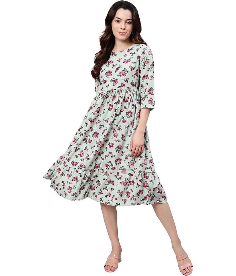 Flamboyant Women Cotton Blend Printed Fit & Flare Dress ( Blue )