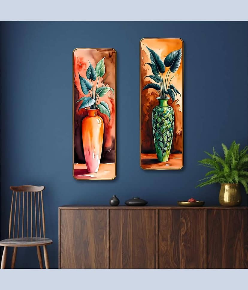 SAF Vase Plant Set of 2 Vertical MDF Wall Panels | Premium Sparkle Lamination Finish | Modern Artistic Pot & Leaf Design Wall Décor for Living Room & Bedroom view 2