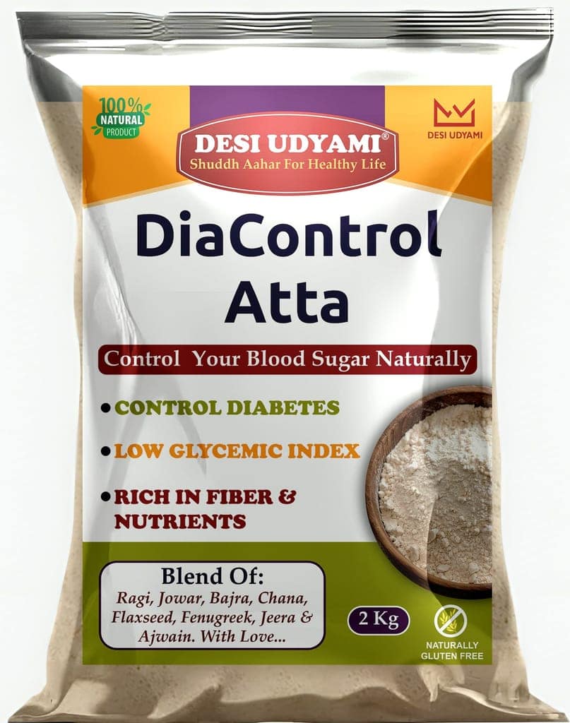 Desi Udyami's Dia-Control Atta: A Sugar-Free Multigrain Flour for Healthy Living | DiaControl Multigrain Atta for Diabetes Care | Low Glycemic, High Fiber Flour | Natural Ingredients for Healthy Blood Sugar 2 Kg (pack of 2)