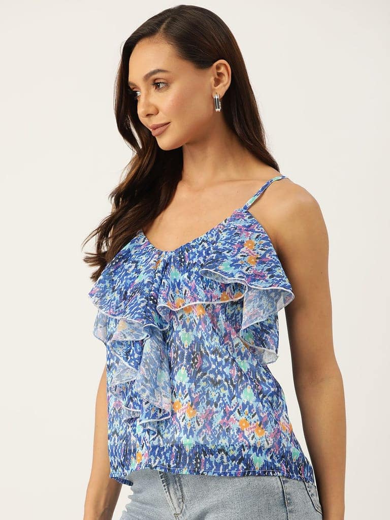 Blue & Orange Print Ruffles Top view 3