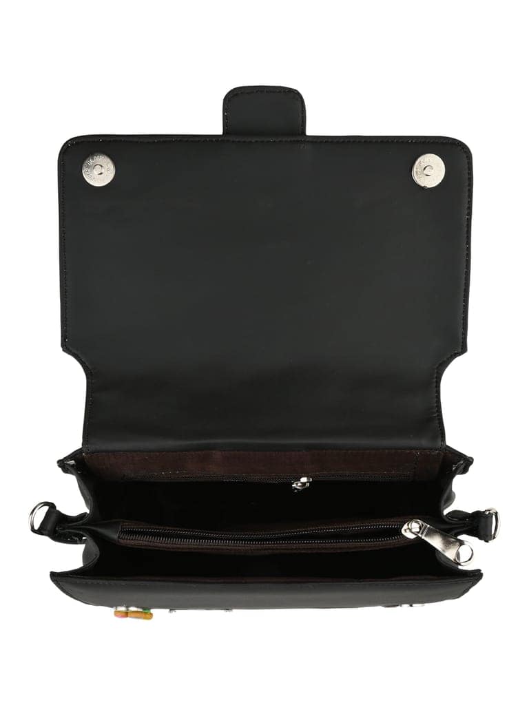 Black pop badges belt sling bag view 2