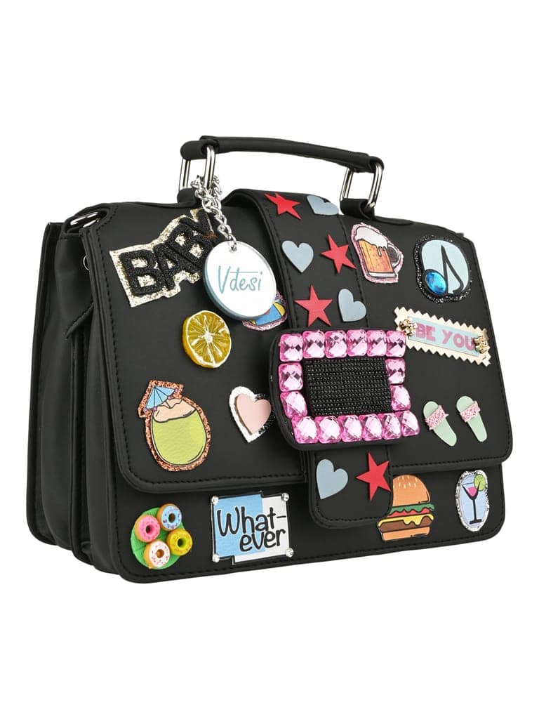 Black pop badges belt sling bag view 3