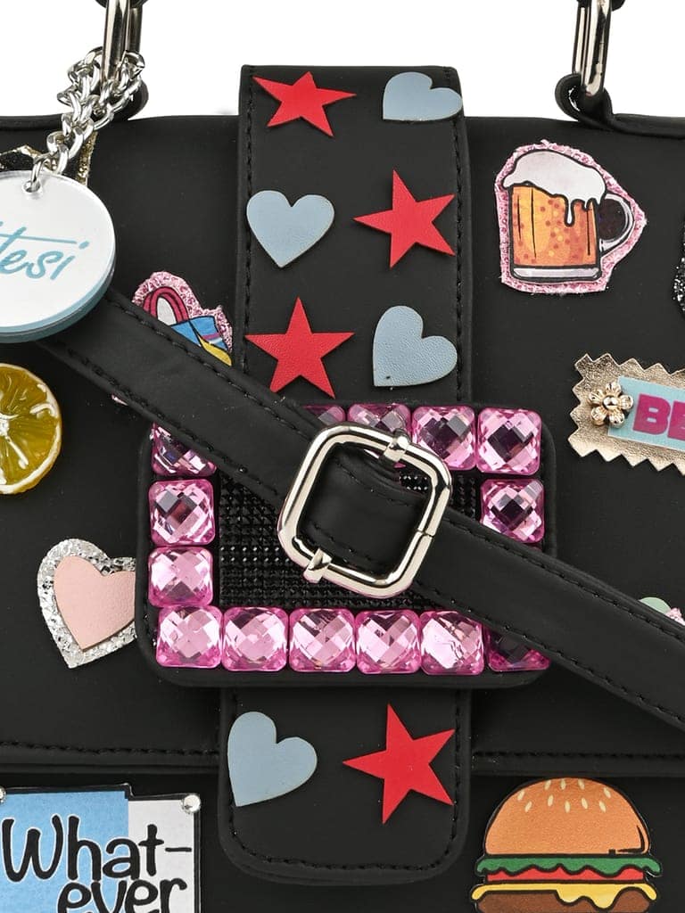 Black pop badges belt sling bag view 4