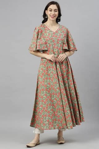 Green Cotton Flared Kurta VCK8239