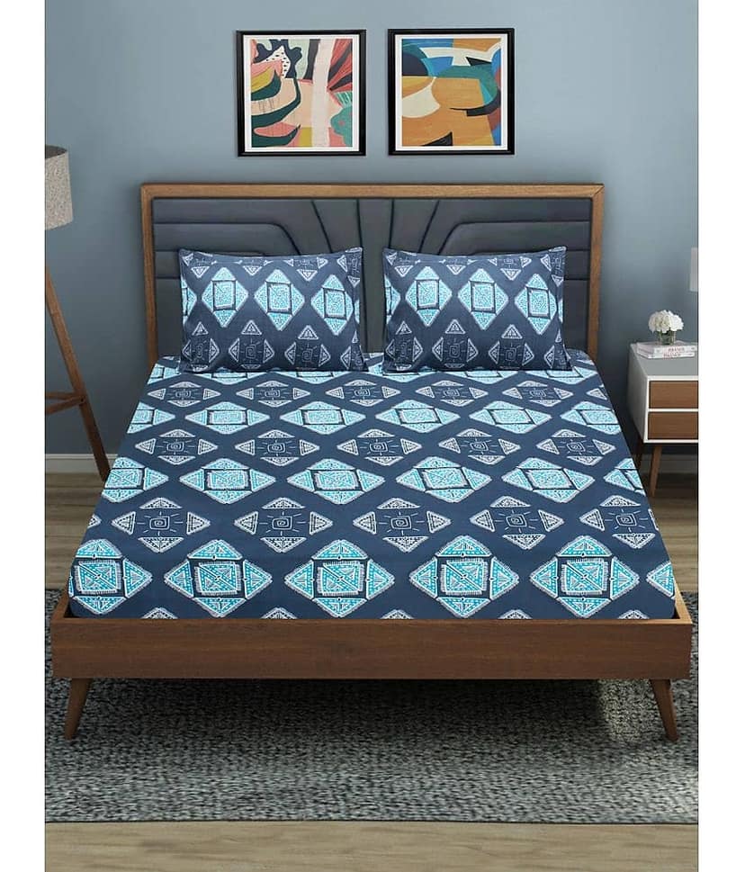 Home Candy Microfibre Geometric Printed 1 Bedsheet with 2 Pillow Covers - Dark Blue view 2