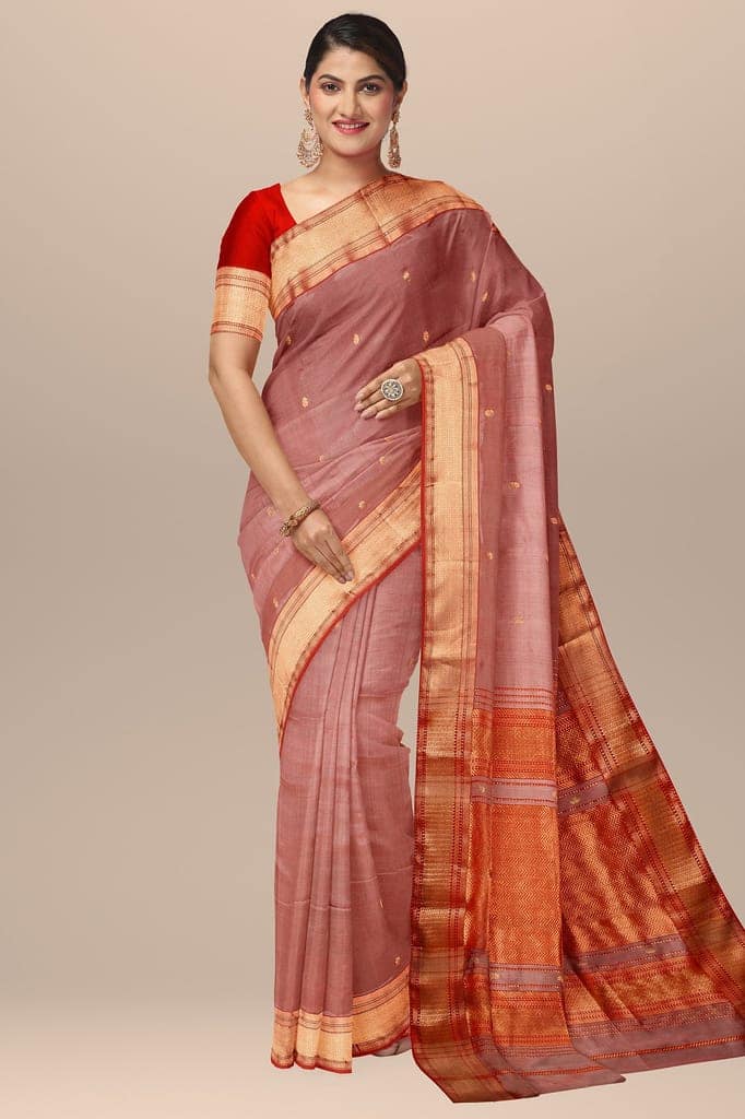 Copper Color Handwoven Mulberry Sausar Silk With Rui Buti And Zari Border Saree SKU-BS10134
