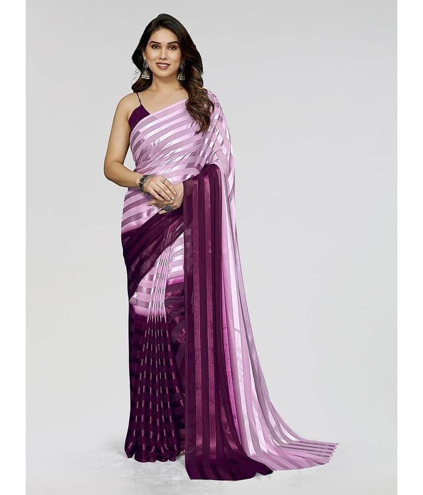 ANAND SAREES Satin Striped Saree With Unstitched Blouse Piece ( Pink )
