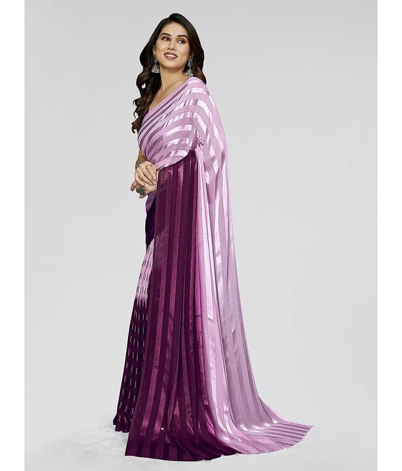 ANAND SAREES Satin Striped Saree With Unstitched Blouse Piece ( Pink ) view 2