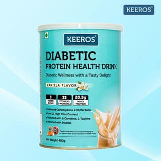 Keeros Diabetic Protein Health Drink - Vanilla Flavor, Diabetic Friendly, High Fiber, Balanced Carbohydrate & MUFA, General Health Benefits with DHA, Nutrient-Rich Supplement, 400 gm