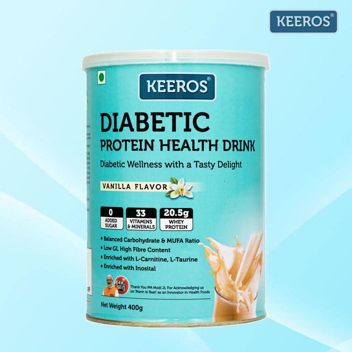 Keeros Diabetic Protein Health Drink - Vanilla Flavor, Diabetic Friendly, High Fiber, Balanced Carbohydrate & MUFA, General Health Benefits with DHA, Nutrient-Rich Supplement, 400 gm