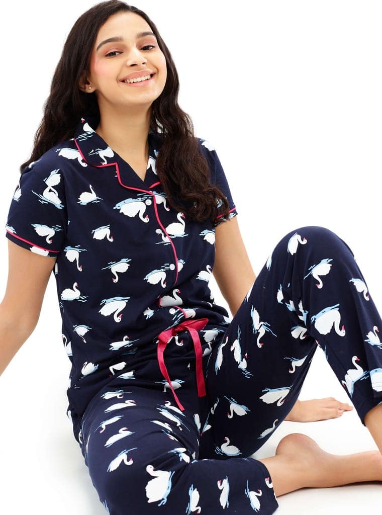 ZEYO Women's Cotton Brown Swan Printed Night suit set