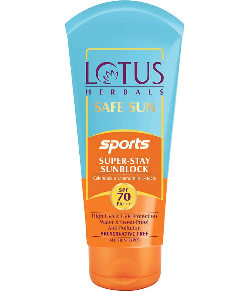 Lotus Herbals Safe Sun Sports Super-Stay Sunblock SPF 70 PA+++, Water & Sweat Resistant, 80 g