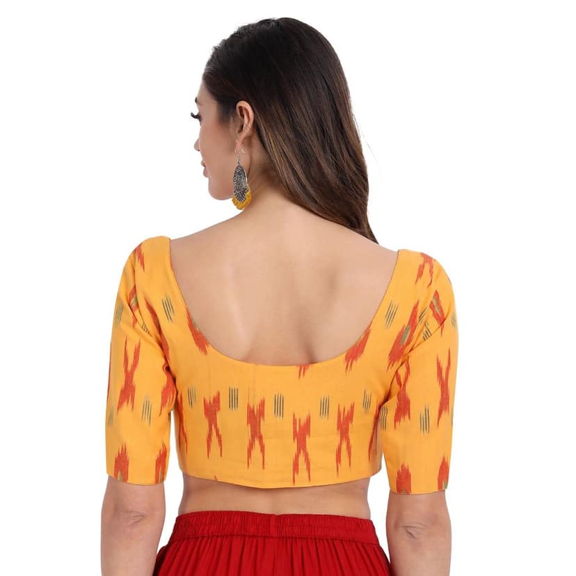 Ikkat Normal Cotton Elbow Length Sleeve Blouse, Yellow view 3