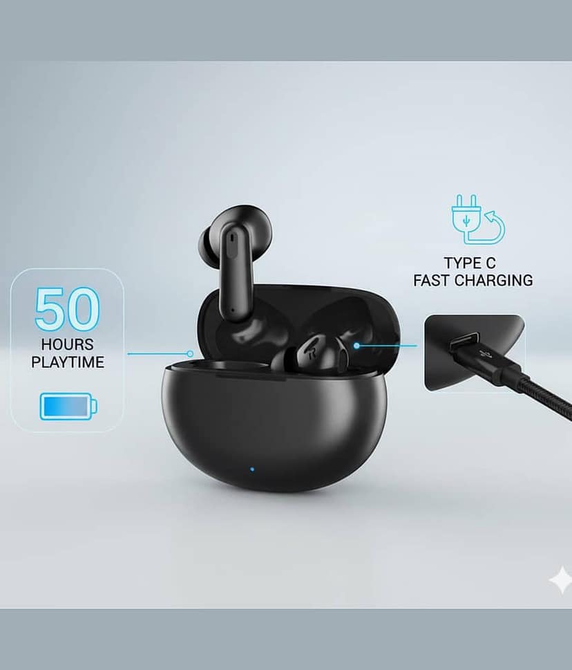 VERONIC NORD Buds 3 Truly Wireless in Ear Earbuds with 50H Playtime, AI-ENC Mic, 45ms Low Latency Gaming, 13mm Bass Drivers, Type-C Fast Charging, Made in India, Touch Controls, IPX5 Ear Buds TWS view 2