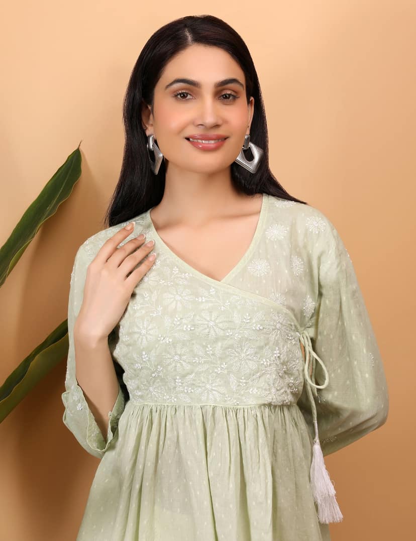 shwet green white women chikankari angarkha top view 5