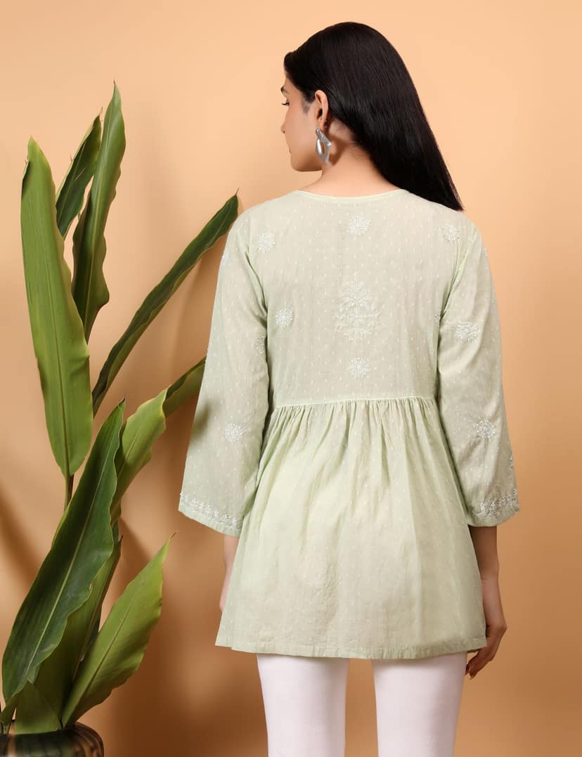 shwet green white women chikankari angarkha top view 6