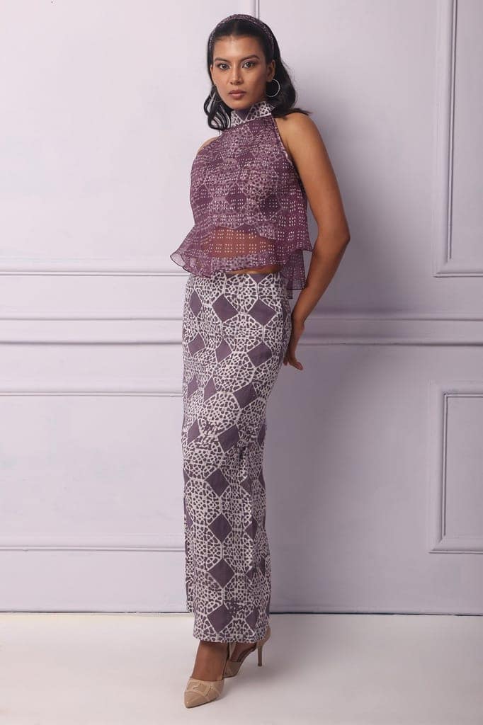 Purple Batik Printed Halter Neck With Organza Layer Top view 3