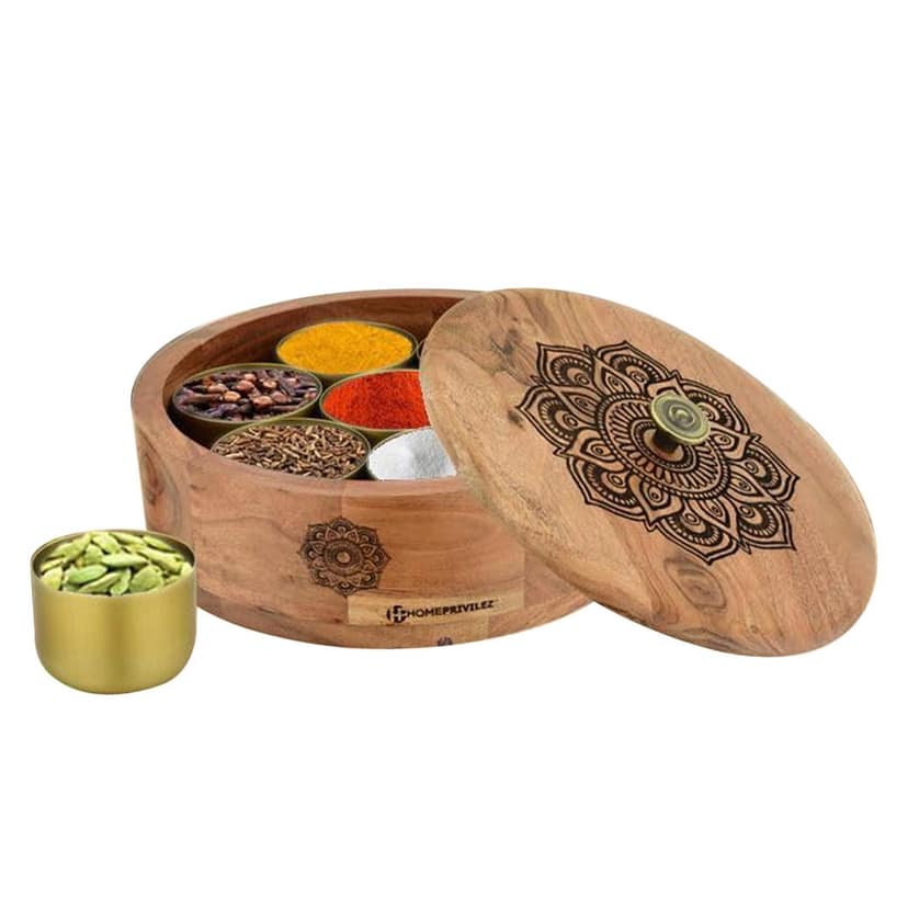 HOMEPRIVILEZ “Ethnic” Wooden Spice Box/Masala Dabba Set for Kitchen with engraved Ethnic Design on Wood with Gold Steel Spice Jars – 8 Pcs set (Brown)