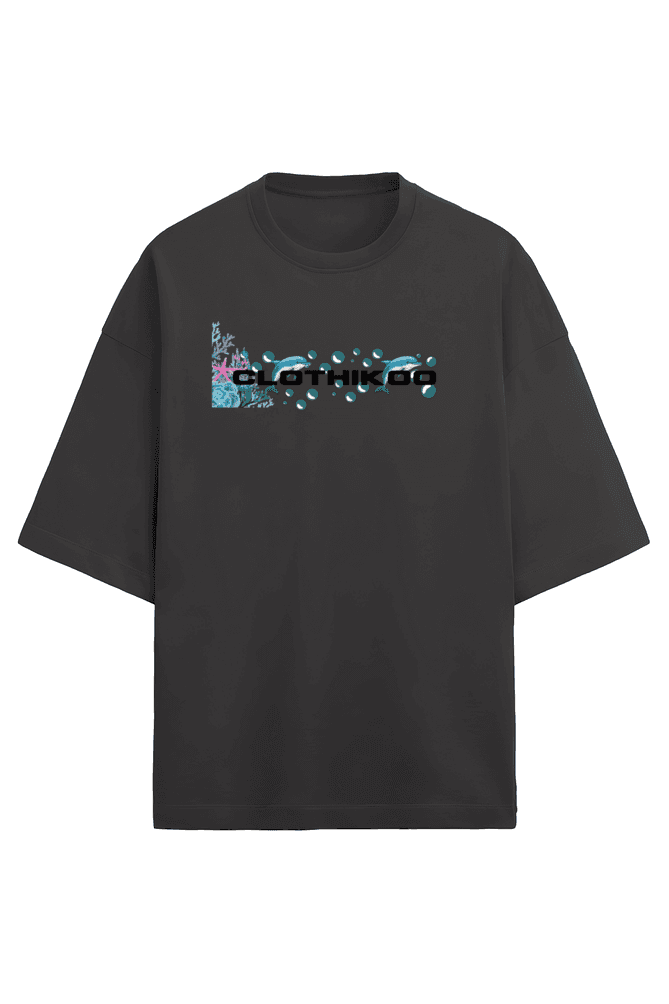 Clothikoo Oversized T-Shirt (Dolphin Print, 100% Cotton, 240 GSM, Black Colour) view 2