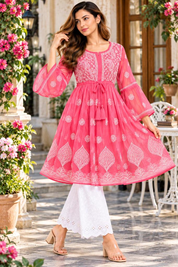 Mrs Right Women’s Short Georgette Gown Frock with Handcrafted Lucknowi Chikankari Embroidery | Umbrella Sleeves | Adjustable Waist Belt | Thigh Length view 5