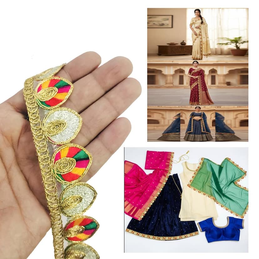 Chahat Lace Multicolor Gota Patti Lace Border 3 cm x 9 Meter | Golden Zari Embroidery Cutwork Ribbon Trim for Saree, Suit, Dupatta, Blouse, Lehenga, Dress, Kurti, Choli, Gown, Anarkali & DIY Craft Decoration view 10