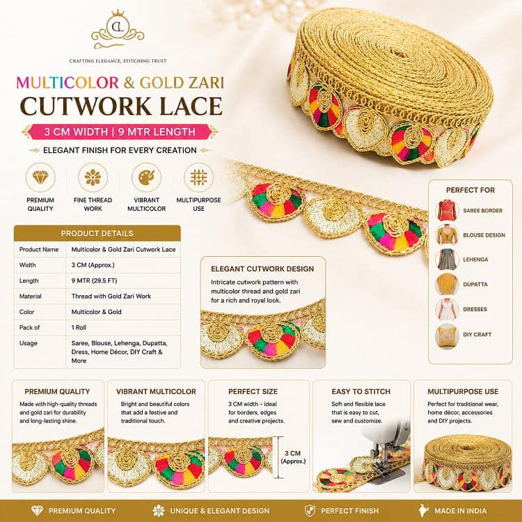 Chahat Lace Multicolor Gota Patti Lace Border 3 cm x 9 Meter | Golden Zari Embroidery Cutwork Ribbon Trim for Saree, Suit, Dupatta, Blouse, Lehenga, Dress, Kurti, Choli, Gown, Anarkali & DIY Craft Decoration view 3