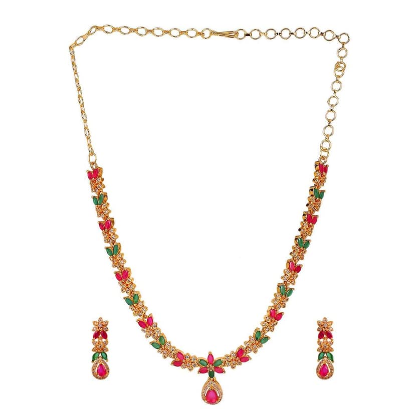 Cardinal Multicolor Stone American Diamond Gold Plated Choker Necklace Set view 2