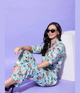 StyleStone Women Printed Shirt With Trousers Co-Ord Set ( Peach )