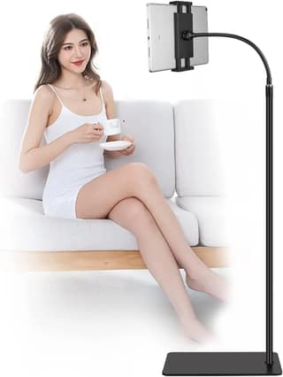 SOOPII Tablet Floor Stand Gooseneck Swivel Tablet Holder Mount with Adjustable Height & Strong Stable Base, Compatible with Tablet & Cell Phone (4.7-14 Devices) - Black